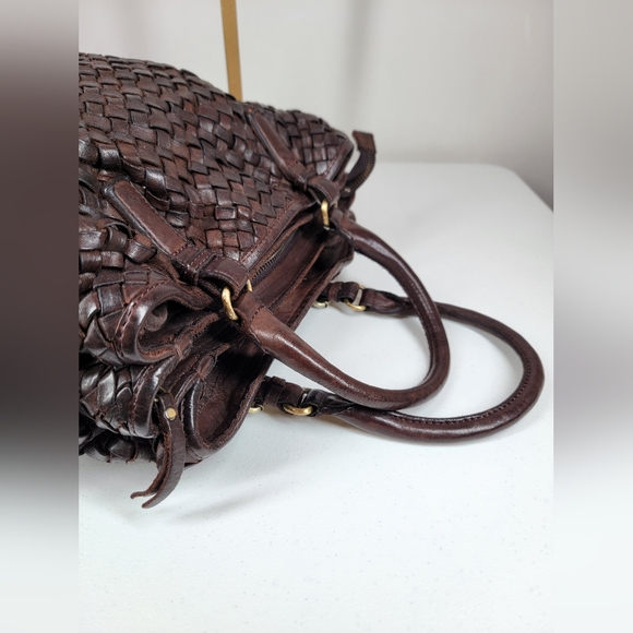 Marta Ponti Portugal Leather Fabric Woven Tote Shoulder Hand Satchel Bag Brown - Picture 7 of 11